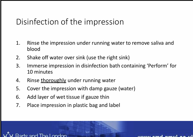 <p>Rinse impression</p><p>go disinfection area - submerge for 10 minutes</p><p>rinse </p><p>send to lab</p><p>chemicals left may interfere with the casting process </p><p></p>
