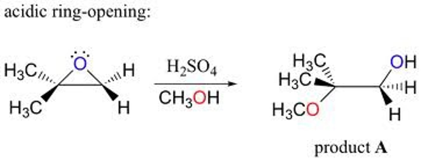 <p>weak nucleophile, acidic conditions</p><p>ex: HOCH3 + H2SO4</p>