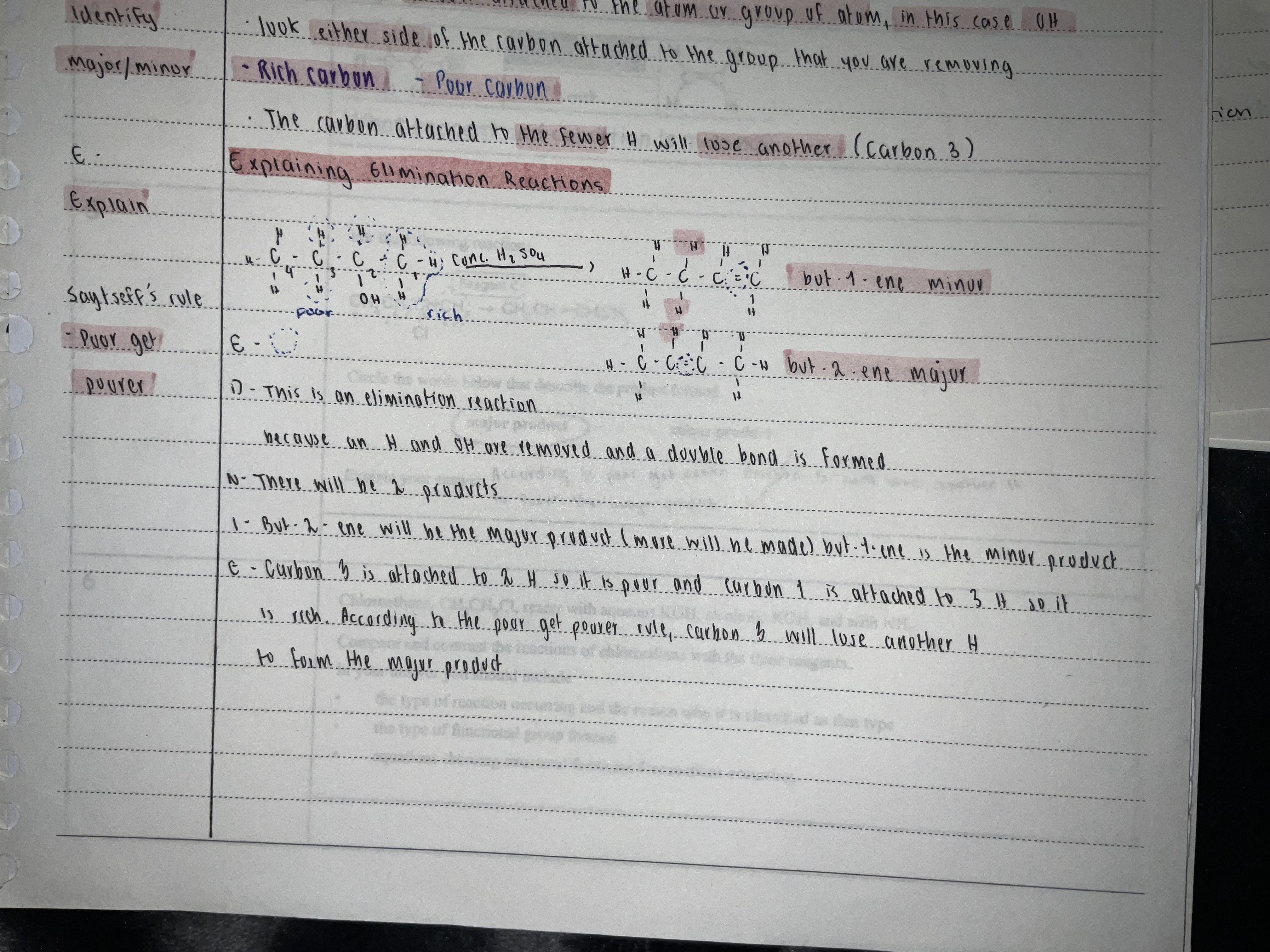 <p>EDNIE</p><p>E - equation</p><p>D - define (elimination)</p><p>N - number of products (if symmetrical one products if asymmetrical two product if one of each then one product)</p><p>I - identify major and minor products</p><p>E - Explain</p>