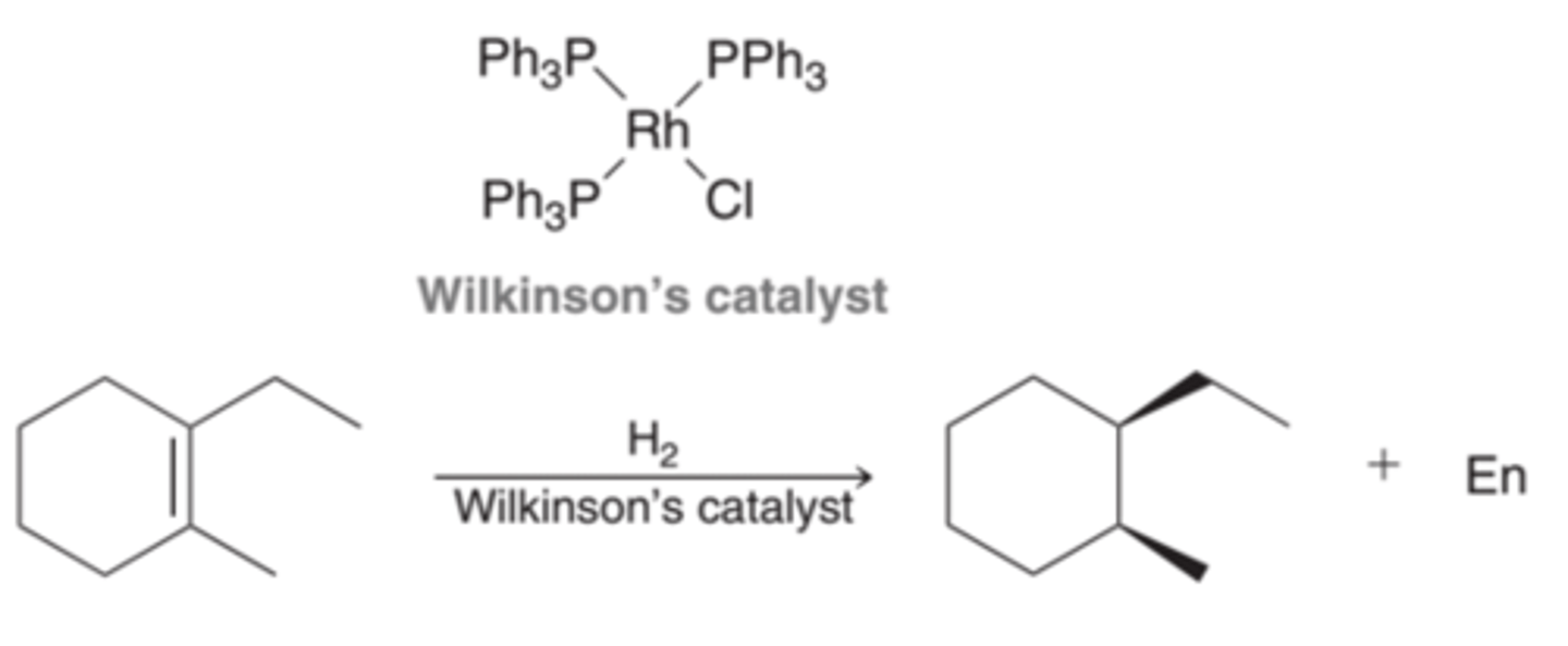 <p>Catalysts that are soluble in the reaction medium. The most common homogenous catalyst for hydrogenation is called Wilkinson's catalyst(1st example in image). With homogenous catalysts, a syn addition is also observed(2nd example in image).</p>