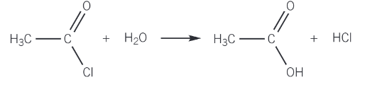 <ul><li><p>a violent reaction takes place with the evolution of dense steamy hydrgoen chloride fumes</p></li><li><p>a carboxylic acid is formed</p></li></ul><p></p>