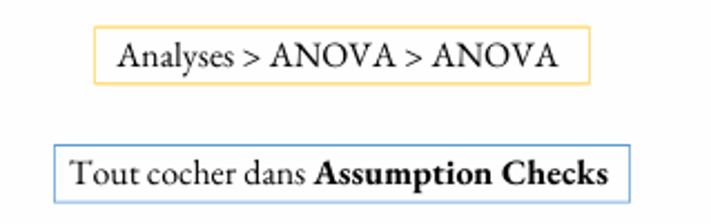 <p>same que anova</p><p>levene : normalité des residus/homoscédasticité</p><p>QQ plot + shapiro wilk = homogénéité variance</p><p>independance résidu = score de composite</p>