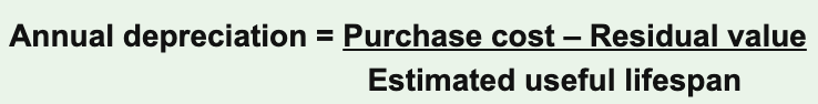 <p><strong><u>annual depreciation = (purchase cost - residual value) </u></strong><span style="font-family: Google Sans, Arial, sans-serif"><strong><u>÷ estimated useful lifespan</u></strong></span></p>