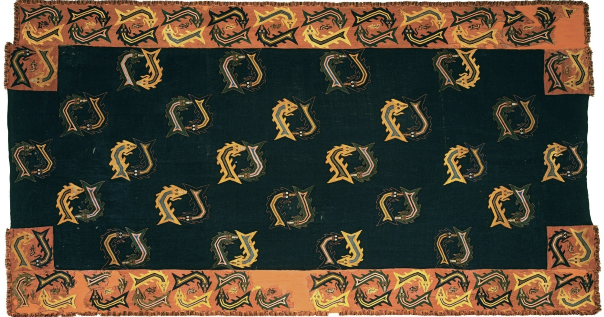 <ul><li><p><strong>Skilled Craftsmanship</strong>: The mantle, made from cotton and camelid fibers, reflects the intricate weaving and embroidery skills of ancient Peruvian women</p></li><li><p><strong>Symbolism and Transformation</strong>: Abstract fish and shark designs, including a transforming shark, suggest spiritual or transformative significance</p></li><li><p><strong>Ritual and Status</strong>: Used in high-status burials, the textile's preservation highlights its importance in funerary practices and cultural ceremonies</p></li></ul><p></p>