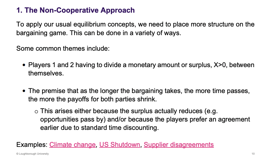 <p>These are the common assumptions, kept simple by only two players, can be more players.</p><p>Longer the negotiation is, the worse the payoff is, "time is money" - losing business, also inflation example, worth more today</p>