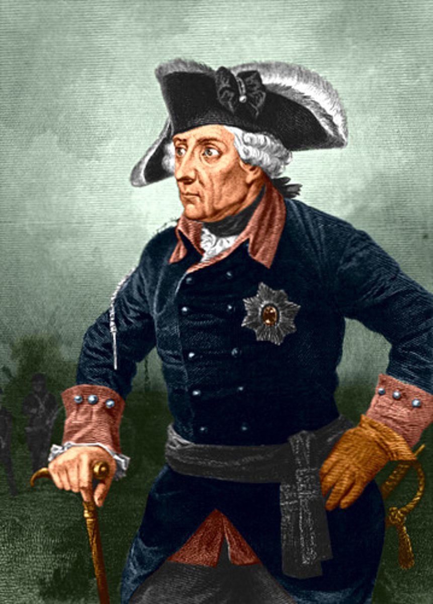 <p>Prussian ruler who expanded his territory by invading the duchy of Silesia and defeating Maria Theresa of Austria in the War of the Austrian Succession and Seven Years' War; considered himself "first servant of the state" — experimented with enlightenment ideals in the second half of his reign.</p>