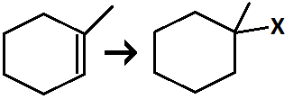 <p>Reagents: HBR</p><ul><li><p>(adding ROOR produces antimarkovnikov product)</p></li><li><p>addition of halogen and H across alkene</p></li><li><p>forms a carbocation intermediate</p></li></ul><p></p>