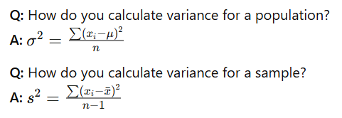 <ul><li><p>Measures the average squared distance between each data point and the mean. It reflects how spread out the data is.</p><ul><li><p>The average error (distance) between the mean and the observations made in units squared</p></li></ul></li><li><p>Variance: (datapoint 1 - mean)<sup> 2</sup> + (datapoint 2 - mean)<sup> 2</sup> / number of datapoints used</p></li><li><p>N - 1 in a sample because it provides an unbiased estimate of the population variance, accounting for degrees of freedom.</p></li><li><p><span>De variance verandert niet, optellen of aftrekken heeft geen invloed op de spreiding.</span></p><ul><li><p>Waarom? </p></li><li><p>Varianties en standaarddeviaties meten <strong>hoe ver de waarden van het gemiddelde afliggen</strong>.</p></li><li><p>Als je overal dezelfde waarde bij optelt of aftrekt, veranderen die afstanden <strong>niet</strong>.</p></li></ul></li></ul><p></p>