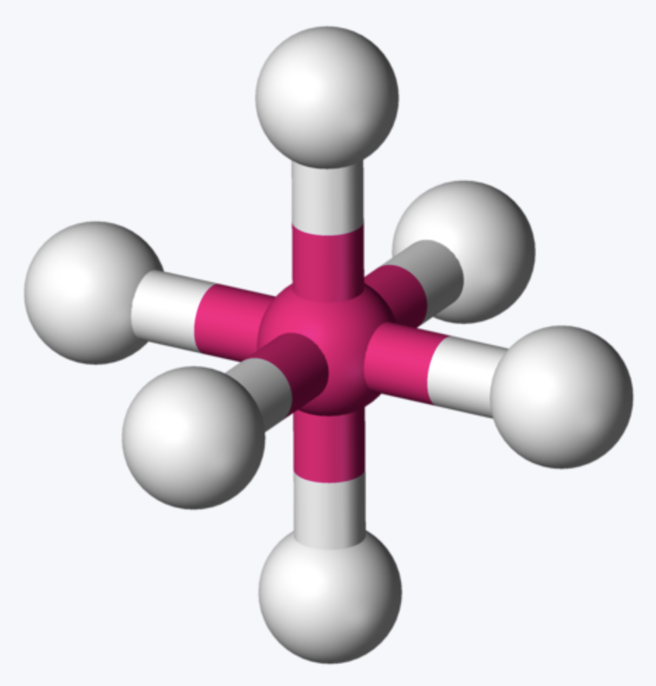 <p>octahedral, 90 degree bond angles</p>
