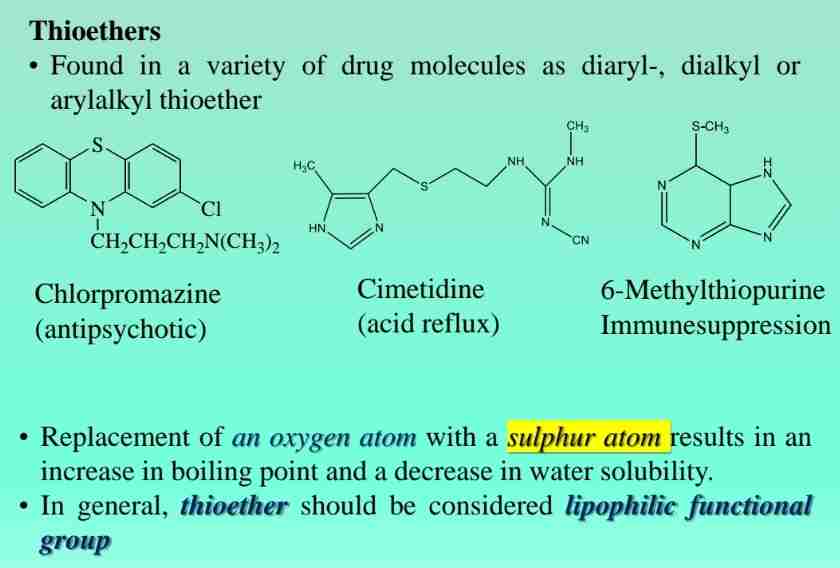 <p><span>Sulfur analogs of ethers, found in drugs like chlorpromazine.</span></p>