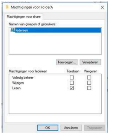 <p>Gedeelde mappen over het netwerk</p><p>→ Machtigingen zijn enkel geldig bij netwerkconnectie met de gedeelde map</p><p>→ Dit is enige vorm bescherming fat32 (bescherming bij netwerkdeling)</p><p>Lees (read): gebruiker/groepsleden kunnen bestanden zien, openen en executables uitvoeren (= uitvoerbare bestanden- in de gedeelde map en submappen</p><p>Wijzig (change): acties van lees + mappen en submappen toevoegen, verwijderen en inhoud aanpassen</p><p>Volledig beheer (full control): acties van change + NTFS machtigingen wijzigen</p><p><strong><mark data-color="red" style="background-color: red; color: inherit">Je kan enkel mappen delen, geen bestanden</mark></strong></p>