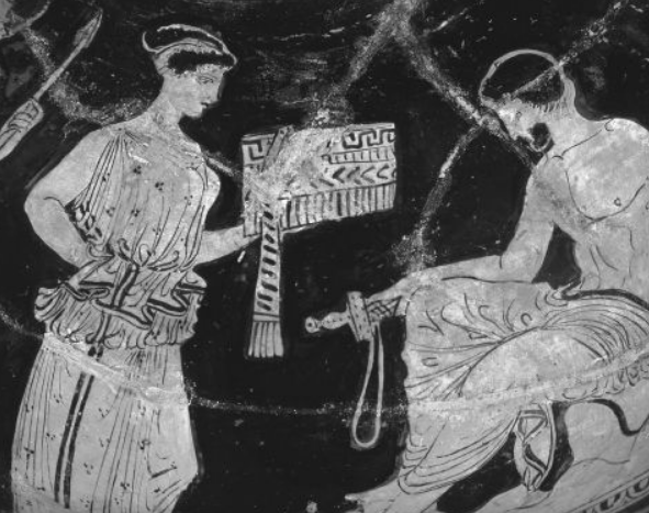 <p>Who sits on a rock holding a sword and looking pensive? (Figure 5.3)</p>