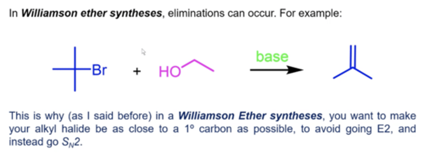 <p>if you have a tertiary alkyl halide, the alcohol cannot attack the tertiary carbon because of steric hindrance, so you go E2 style instead:</p><p>-this is where the base deprotonates the alcohol, and the base will instead deprotonate a neighboring hydrogen to form an alkene</p>