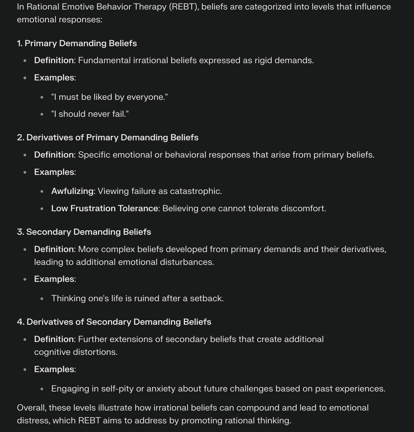 <ol><li><p>Primary demanding beliefs</p></li><li><p>Derivatives of primary demanding beliefs</p></li><li><p>Secondary demanding beliefs</p></li><li><p>Derivatives of secondary demanding beliefs</p></li></ol><p></p>
