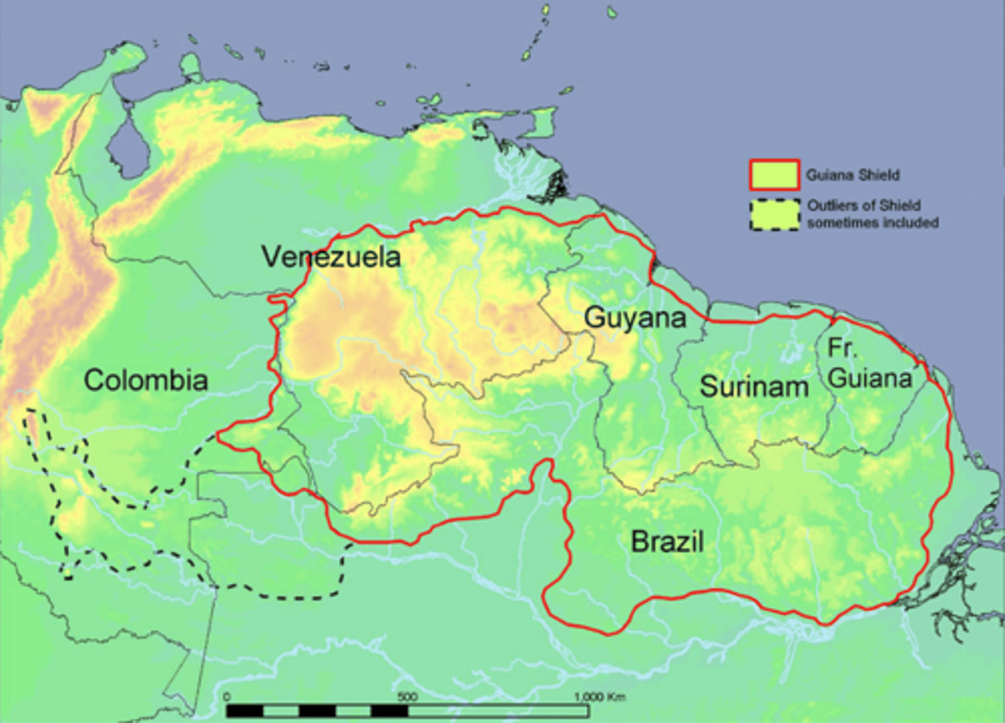 <p>a highland area located in the northeast section of South America; Angel Falls (world's highest waterfall) is located here</p>