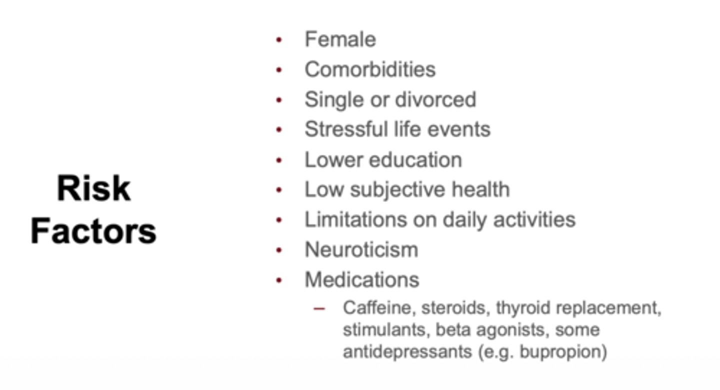 <p>female sex, comorbidities, stress, low health, medications (steroids, stimulants, beta-agonists)</p>