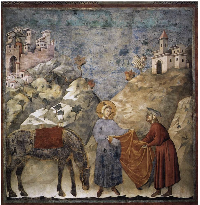 <p>St Francis giving his mantle to a poor man</p>