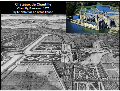 <ul><li><p><span>Principle axis</span></p></li><li><p><span>Natural stream corridor turned to canal</span></p></li><li><p><span>Flat reflecting pools</span></p></li><li><p><span>Patte d’oie</span></p></li><li><p><span>Parterres</span></p></li><li><p><span>Axis to horizon</span></p></li><li><p><span>Bosquets</span></p></li><li><p><span>River gods and classical themes</span></p></li><li><p><span>Chateau is NOT on the central axis</span></p><ul><li><p><span>Makes it an exception to perfect french formal style</span></p></li><li><p><span>Due to palace already existing</span></p></li></ul></li></ul>
