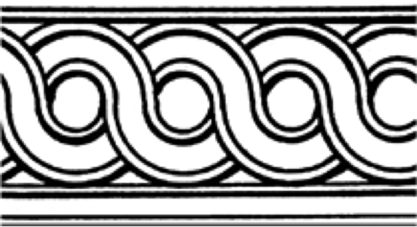 <p>an ornamental border formed of two or more interlaced bands around a series of circular voids</p>