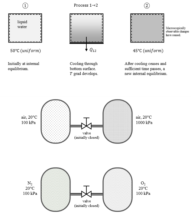 <ul><li><p>Thermal: Uniform T. No T gradients to drive heat transfer within the SYS</p></li><li><p>Mechanical: Forces are in balance. No P gradients to drive macroscopic fluid motion.</p></li><li><p>Chemical: No differences in chemical composition. SO no concentration gradients.</p></li><li><p>Thermodynamic: Everything is in balance! No T, P, etc gradients to drive change</p><p>^If isolated (aka unable to interact with SURR), SYS would not experience macroscopic change.</p></li></ul><p></p>