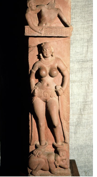 <p>Bhutesvara Temple Railpost, Lady Fastening her Garment</p>