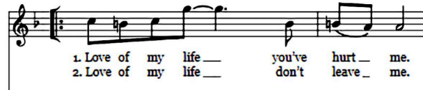 <p>Frequent <strong>leaps </strong>balanced with <strong>stepwise</strong>.</p><p>Some <strong>repeated </strong>notes.</p><p>Rising <strong>octave leap </strong>‘now you’ →</p><p>Lead vocal range - <strong>wide </strong>- F-A (10th).</p>