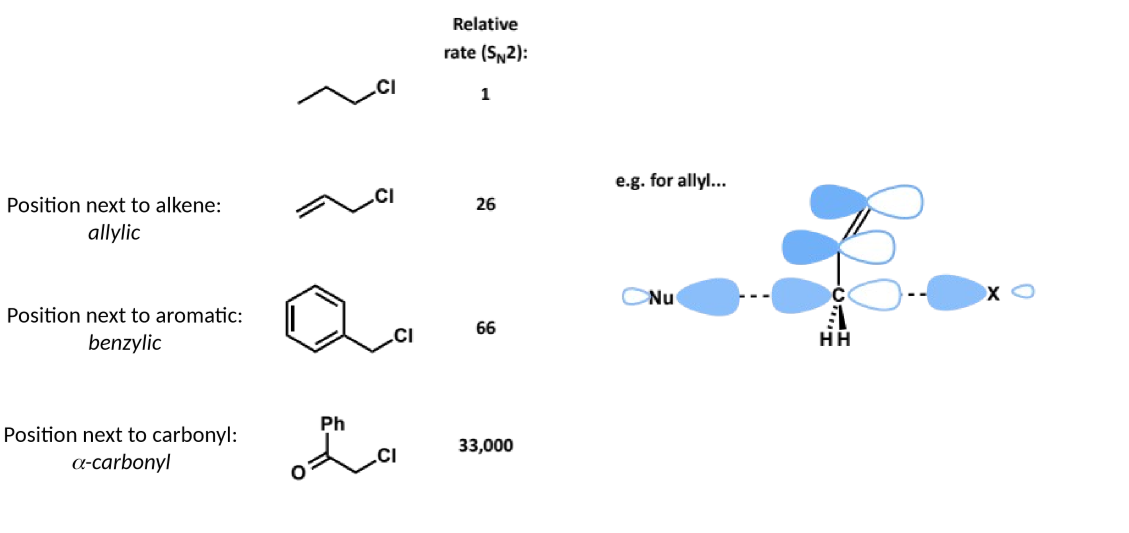 <p>rate is increased by presence of neighbouring π systems</p><p>the π system overlaps with the p-orbital on the carbon in the transition state, stabilising it and lowering the energy barrier. π systems are also EWG helping make the carbon more electrophilic and susceptible to nucleophilic attack.</p><p>this makes allylic, benzylic and α-carbonyl electrophiles good SN2 substrates</p>