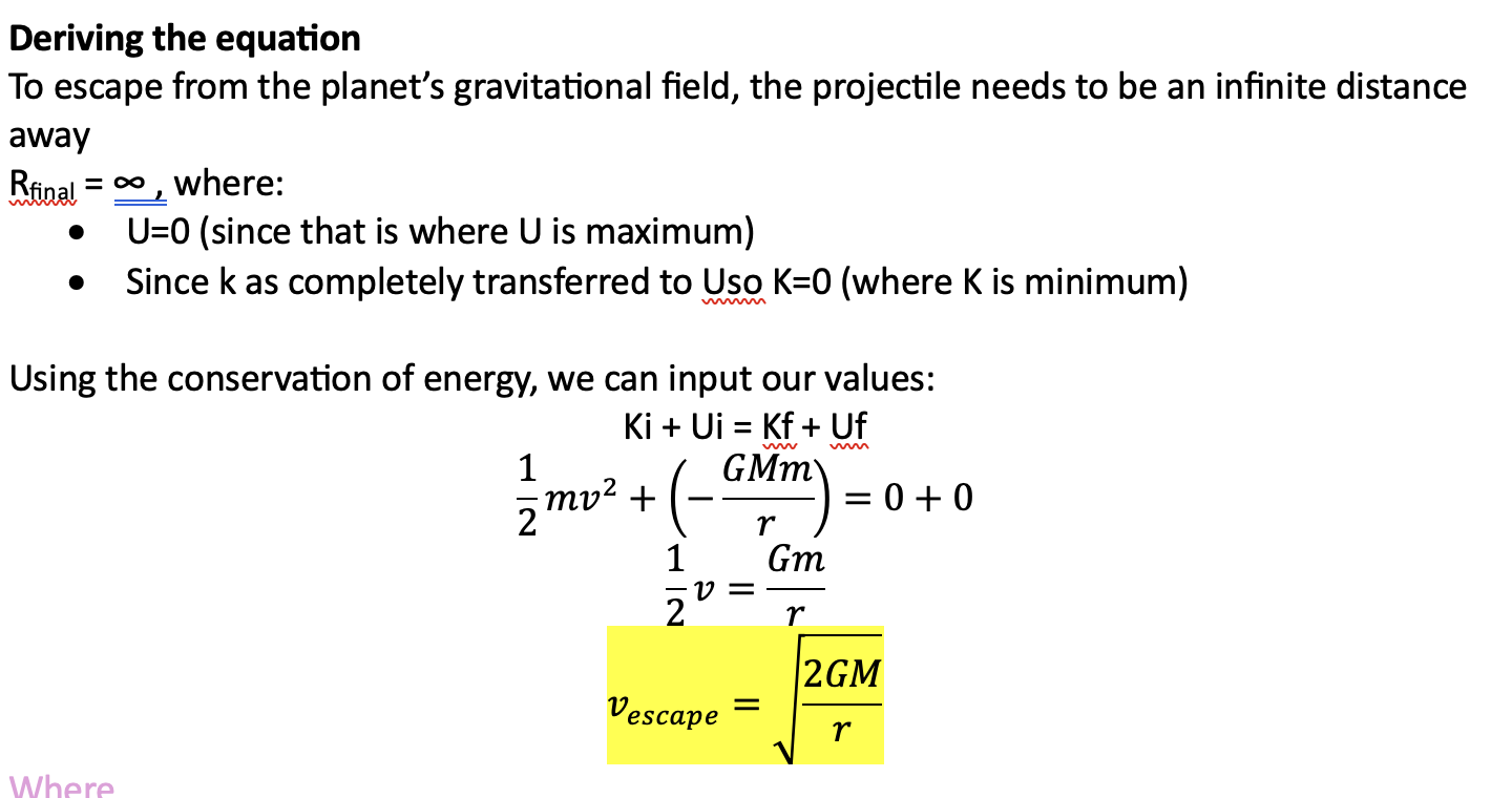 <p>minimum velocity needed at a given distance from the planet to escape from the gravitational field of that planet</p><p>—&gt; when e total is positive, so K is way bigger than U</p>