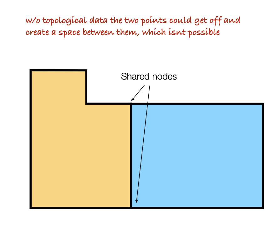 <p>Shows spacial relationships and describes how spatial data share geometric attributes </p>