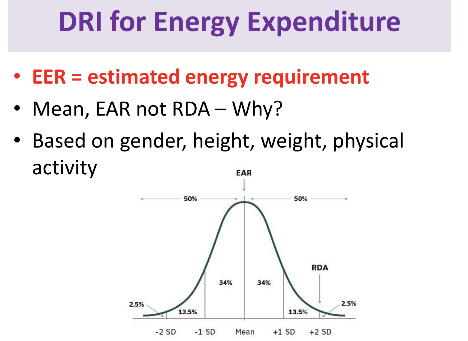 <p>• National Academies Press, Institute of Medicine</p><p>• Dietary Reference Intakes (DRIs)</p><p>– Accounts for age, gender, weight, height, and</p><p>physical activity</p><p>– There may be as much as a 20% error or more,</p><p>but typically we expect about a 10% error:</p><p>• For most people , the actual energy</p><p>requirement falls within these ranges:</p><p>– For men, EER ± 200 kcal</p><p>– For women, EER ± 160 kcal</p><p>– Less accurate for elderly individuals and various ethnic groups</p>