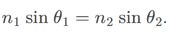 <p>a principle that relates the angle of incidence and the angle of refraction when light passes between different media, defined by the equation n1 sin(θ1) = n2 sin(θ2). </p>