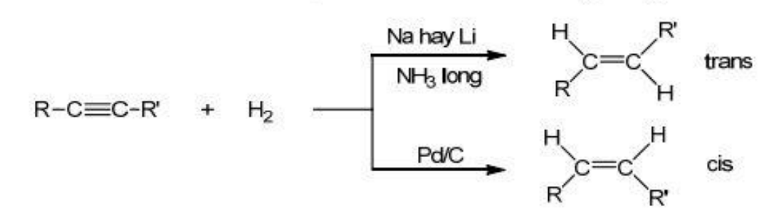 <p>Xúc tác : </p><ol><li><p><strong>Na/Li trong NH3 lỏng => </strong>cấu hình <strong><em>trans</em></strong></p></li><li><p><strong>Pd/C => </strong>cấu hình <strong><em>cis</em></strong></p></li></ol>