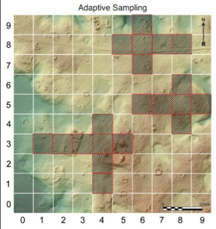 <ul><li><p>begins with another sampling method (simple random, systematic, or stratified) to find a starting location</p></li><li><p>sampling areas are modified according to data obtained during the study</p></li></ul><p></p>