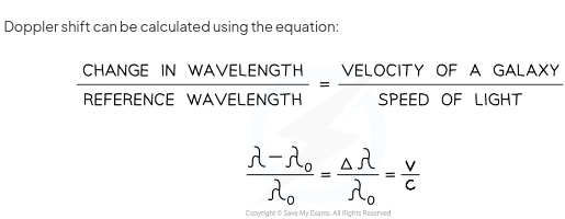 <p>change in wavelenght/ reference wavelenght= velocity of a galacy/speed of light</p>