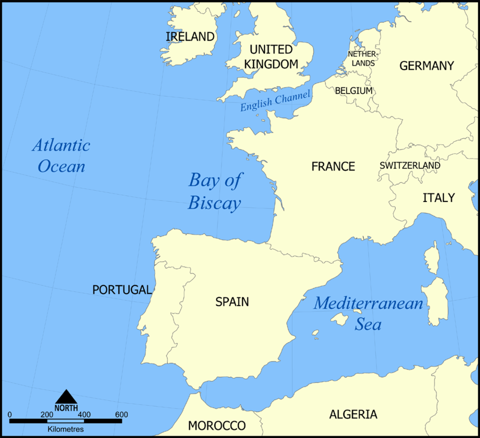 <p>left of France and Spain</p>