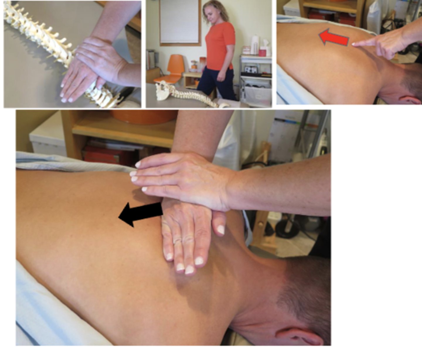 <p>• PP: Prone, head piece lowered, asks permission to open gown/contact patient, verbalize finding the segment</p><p>• DP: Fencer stance, facing caudal, at cephalad end of the table, center of gravity over contact, draw tissue slack superior to inferior</p><p>• CH: Mid-knife edge contact on superior edge of superior spinous process</p><p>• IH: Calcaneal reinforcement with fingers pointing caudal</p><p>• Vector: P-A and S-I</p>