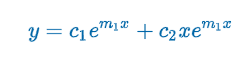 <p>Criteria: m<sub>1 </sub>&amp; m<sub>2</sub> real &amp; equal (b<sup>2</sup> - 4ac = 0)</p><p>m<sub>1</sub> = m<sub>2 </sub>→ y<sub>1</sub> = e<sup>m</sup><sub><sup>1</sup></sub><sup>x</sup> &amp; b<sup>2</sup> - 4ac = 0 → m<sub>1</sub> = -b/2a</p><p></p><p>Proof: y<sub>2</sub> = e<sup>m</sup><sub><sup>1</sup></sub><sup>x</sup>∫(e<sup>2m</sup><sub><sup>1</sup></sub><sup>x</sup>/e<sup>2m</sup><sub><sup>1</sup></sub><sup>x</sup>)dx = e<sup>m</sup><sub><sup>1</sup></sub><sup>x</sup>∫dx = xe<sup>m</sup><sub><sup>1</sup></sub><sup>x</sup></p><p><strong>m<sub>1</sub> = (-b + √(b<sup>2</sup> - 4ac)) / 2a) &amp; m<sub>2 </sub>= (-b + √(b<sup>2</sup> - 4ac)) / 2a)</strong></p><p><strong>m<sub>1</sub> = m<sub>2 </sub>= -b/2a</strong></p><p><strong>y = c<sub>1</sub>e<sup>m</sup><sub><sup>1</sup></sub><sup>x</sup> + c<sub>2</sub>e<sup>m</sup><sub><sup>1</sup></sub><sup>x</sup></strong></p>