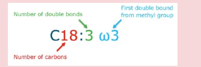 <p><span><span>In the short notation (Cx: y ωz):</span></span><br><span><span>the first number (x, red) corresponds to the chain length,</span></span><br><span><span>the second number (y, green) corresponds to the number of double bonds,</span></span><br><span><span>the third number (z, blue) corresponds to the position of the first double bond counted from the methyl end.</span></span></p>