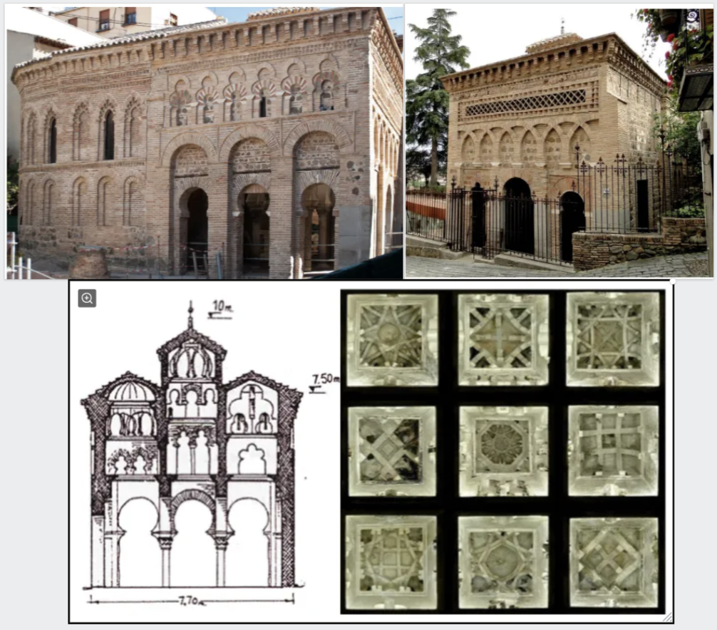 <p>- Toledo, 999-100 por Musa Ibn Ali.</p><p>- Convertida en templo cristiano en el año 1085 por Alfonso VI.</p><p></p><p>- Planta cuadrada con dimensiones reducidas, (8×8, casi un cubo).</p><ul><li><p><strong><mark data-color="#e571de" style="background-color: rgb(229, 113, 222); color: inherit;">DOS FACHADAS:</mark></strong></p></li></ul><p></p><ol><li><p><strong><u>De acceso al patio:</u></strong></p></li></ol><p>- Tres naves separadas por cuatro pilares.</p><p>- Tres entradas en la fachada que se corresponden con cada nave. </p><p>- Exterior en ladrillo a soga y tizón.</p><p>- Puertas realizadas con arcos de herradura califales a los que se le superponen arcos de medio punto ciegos.</p><p>- En la segunda altura pequeños arquillos de herradura con juego bicolor de dovelas ciegos. </p><p>- Superpuestos a ellos arquillos trilobulados.</p><p>- Sobre ellos un friso con ladrillos en esquina. </p><p>- Rematado todo con una cornisa con ménsulas de ladrillo.</p><p></p><ol start="2"><li><p><strong><u>De acceso a la medina:</u></strong></p></li></ol><p>- Tres puertas de acceso a las tres naves, cada una con diferentes arcos (central de mayor tamaño).</p><p>- Izquierda→ Polilobulado / Derecha→ Herradura califal.</p><p>- Encima de ellos unos arcos de herradura entrecruzados y cegados.</p><p>- Encima un friso de ladrillos de esquina que enmarca un damero romboidal.</p><p>- El remate superior igual que la otra.</p><p></p><ul><li><p>INTERIOR:</p></li></ul><p>- Cuatro columnas para hacer la división de naves.</p><p>- Arcos de herradura.</p><p>- Para enfatizar el espacio de la nave central que daría al mihrab del muro de la quibla, se desarrollan tres ábsides, dos de ellos con dos plantas y la central con tres plantas en altura.</p><p>- Variedad de arcos y bóvedas en función de los niveles.</p><p></p>