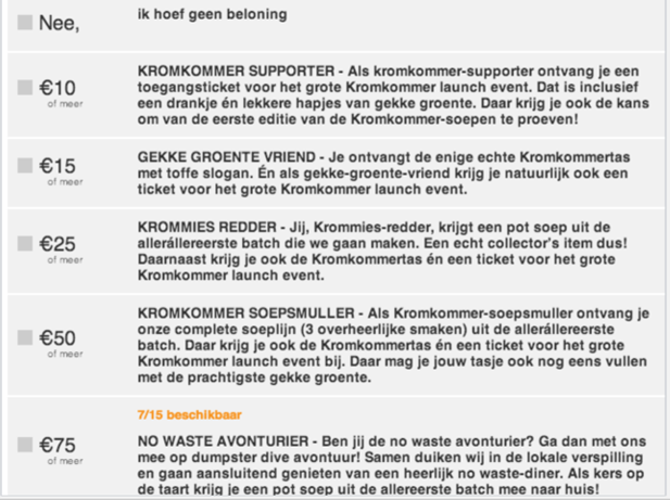 <p>Waarom? Voedselverspilling tegengaan</p><p>Hoe? Door groenten te redden, word een van de “gekke groente helden”</p><p>Rewards (met <strong>namen</strong>, breng een <strong>gevoel</strong> over, toffe activiteiten, <strong>aansluitend</strong> met “waarom” en “project”. Grappig en uniek.)</p><ol><li><p class="MsoListParagraphCxSpFirst">Samenkomst vrienden en ambassadeurs → INTIMI</p></li><li><p class="MsoListParagraphCxSpFirst">Certificaat “Yes, ik ben een gekke groente-held” → hang aan voordeur/raam, delen op FB</p></li><li><p class="MsoListParagraphCxSpFirst">Fotowedstrijd op IG: “Stuur een foto in van jouw gekke groente” → NETWORK</p></li><li><p class="MsoListParagraphCxSpFirst">Bekende personen moeten op planten “passen”. Niet laten doodgaan. Nadien doorgeven aan elkaar. → Bekendheid</p></li><li><p class="MsoListParagraphCxSpFirst">Radio-interview, TV interview → CROWD </p></li><li><p class="MsoListParagraphCxSpFirst">Nadien: Soepbar openen in grote Nederlands steden (Heel sterke “waarom”, gewoon om soepbar te openen)</p></li></ol><p></p><ul><li><p>Het verhaal moest zich verspreiden, “voedselverspilling stoppen”</p><ul><li><p>ambassadeurs gingen op hun beurt uitleggen waarover het ging</p></li><li><p>uitleg en zichtbaarheid was het doel</p></li></ul></li></ul><p></p>
