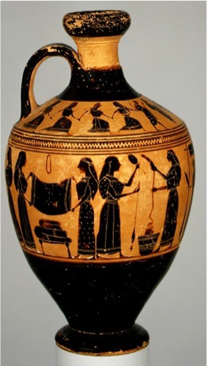 <p>- When women aren't having babies, they're weaving</p><p>- Babies in art always male; female babies are unwanted bc dowry</p><p>- Female babies get left at trash dump &amp; become slaves/prostitutes</p><p>- Women treated as a financial asset</p><p>- Men create these objects for female viewing, to show them what they should be doing (producing male heirs or weaving)</p>