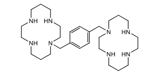 <p>competitive antagonist of CXCR4 receptor on leukocytes</p><p>amine groups form ionic bonds with acidic amino acids</p>