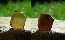 <p><strong><em>Pleochroism</em></strong> is an optical phenomenon in which a substance has different colors when observed at different angles, especially with polarized light.</p>