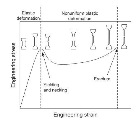 <ol><li><p>Yields (necks)</p></li><li><p>Chains align towards tensile stress and stretch and slide</p></li><li><p>Neck grows and consumes the gauge length (cold drawing)</p></li><li><p>Neck stretches elastically until failure</p></li></ol><p></p>