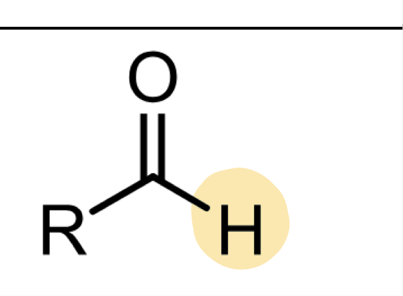 <p>C O DOUBLE bond, attached to one carbon with hydrogen and connected to rest of structure. ending “-al”</p>