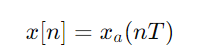 <ul><li><p>The process of converting a continuous-time signal (CT) into a discrete-time signal (DT) by taking samples at regular intervals.</p></li></ul><p></p><p></p>