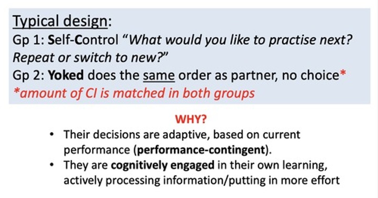 <p>when individuals choose how to practice in the moment...can sometimes be better than high CI practice</p>