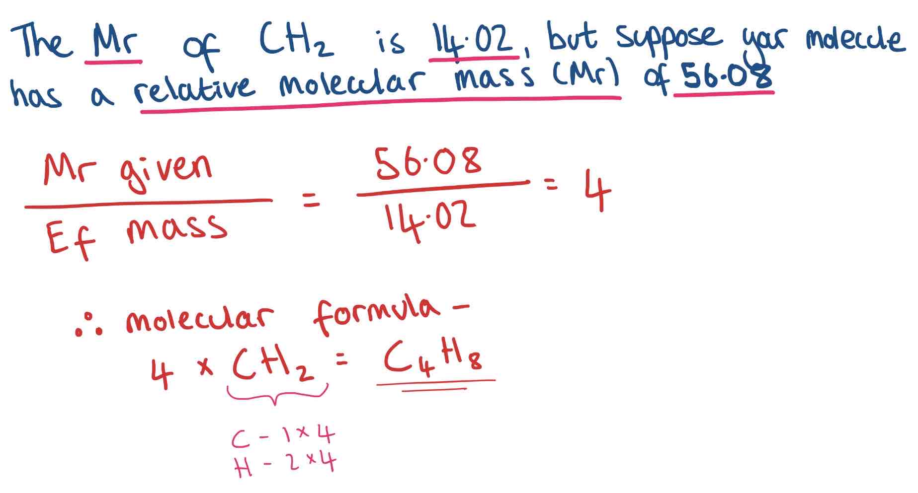 <p>The molecular formula can be found from the empirical formula if the <strong>relative molecular mass </strong>or <strong>molar mass </strong>of the compound is known.</p><p>Method to work out:</p><ol><li><p>Divide Mr given/ Empirical Formula Mass</p></li><li><p>Multiply each of the small numbers in the compound by the number you just worked out</p></li></ol>