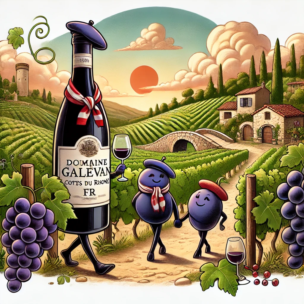 The scene features black currant and plum characters strolling through a rustic French vineyard, with spice and herb clouds wafting in the air. A harmonious wine river flows under earthy stone bridges, while a traditional wine bottle, complete with a beret and scarf, sits under a grapevine canopy. The smooth and lingering finish is beautifully symbolized by a glowing sunset, echoing the wine's authentic and traditional roots.