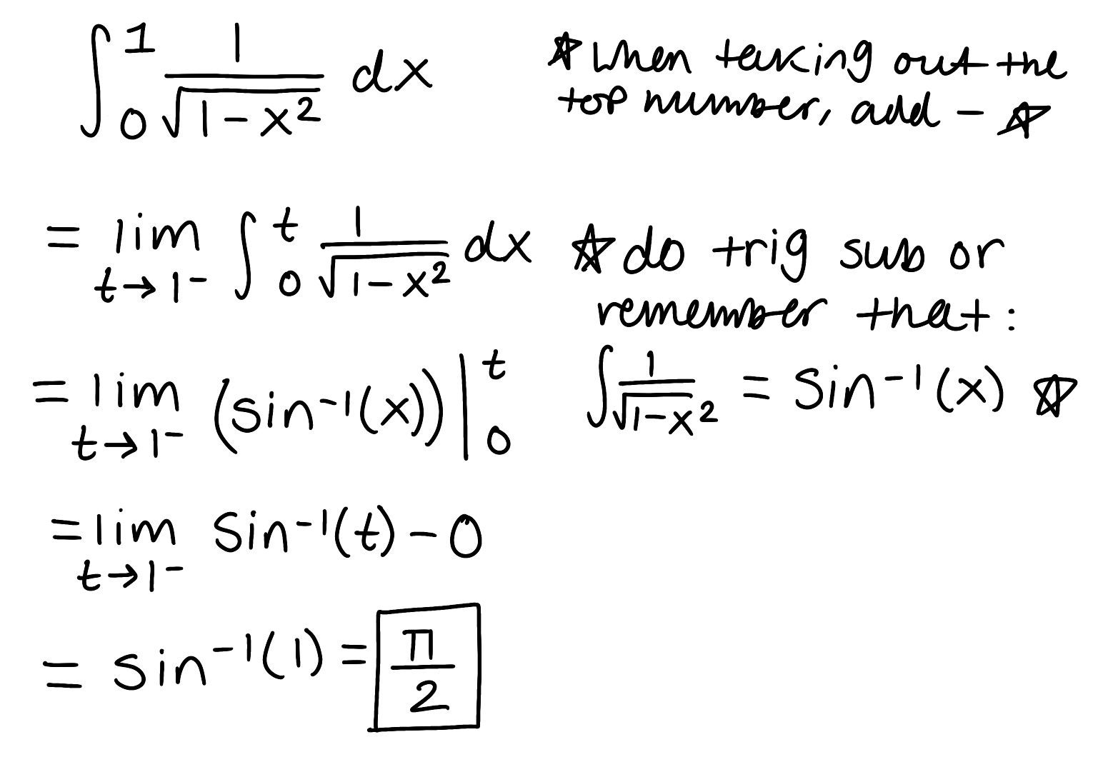 <ul><li><p>The integral is improper because there is a discontinuity x=1 </p></li><li><p>The integral converges because the limit is finite</p></li></ul><p></p>